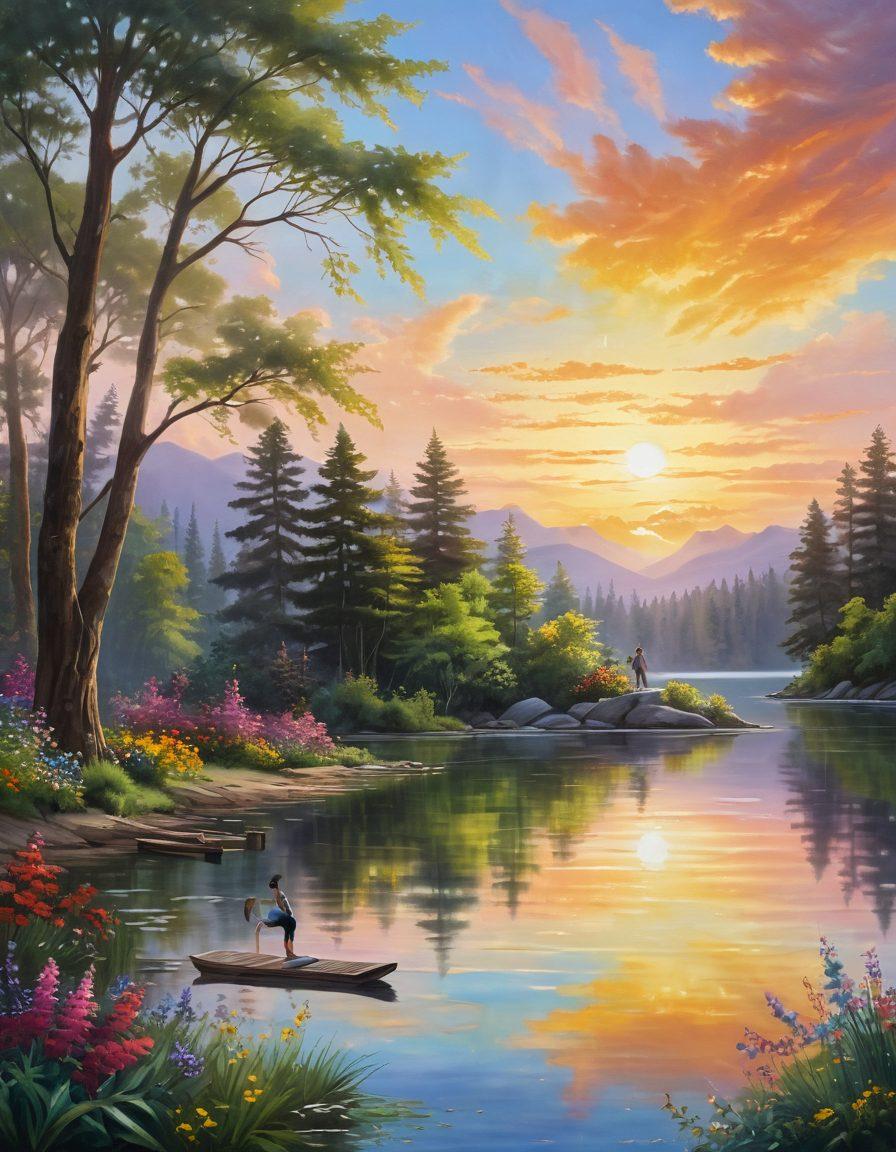 A serene landscape featuring a peaceful sunrise over a tranquil lake, with vibrant flowers in the foreground and people practicing yoga on the shore. The scene should radiate joy and harmony, incorporating elements of nature like lush green trees and soft clouds. Include artistic touches like light rays streaming through the trees and gentle ripples on the water. painting. vibrant colors. tranquil atmosphere.