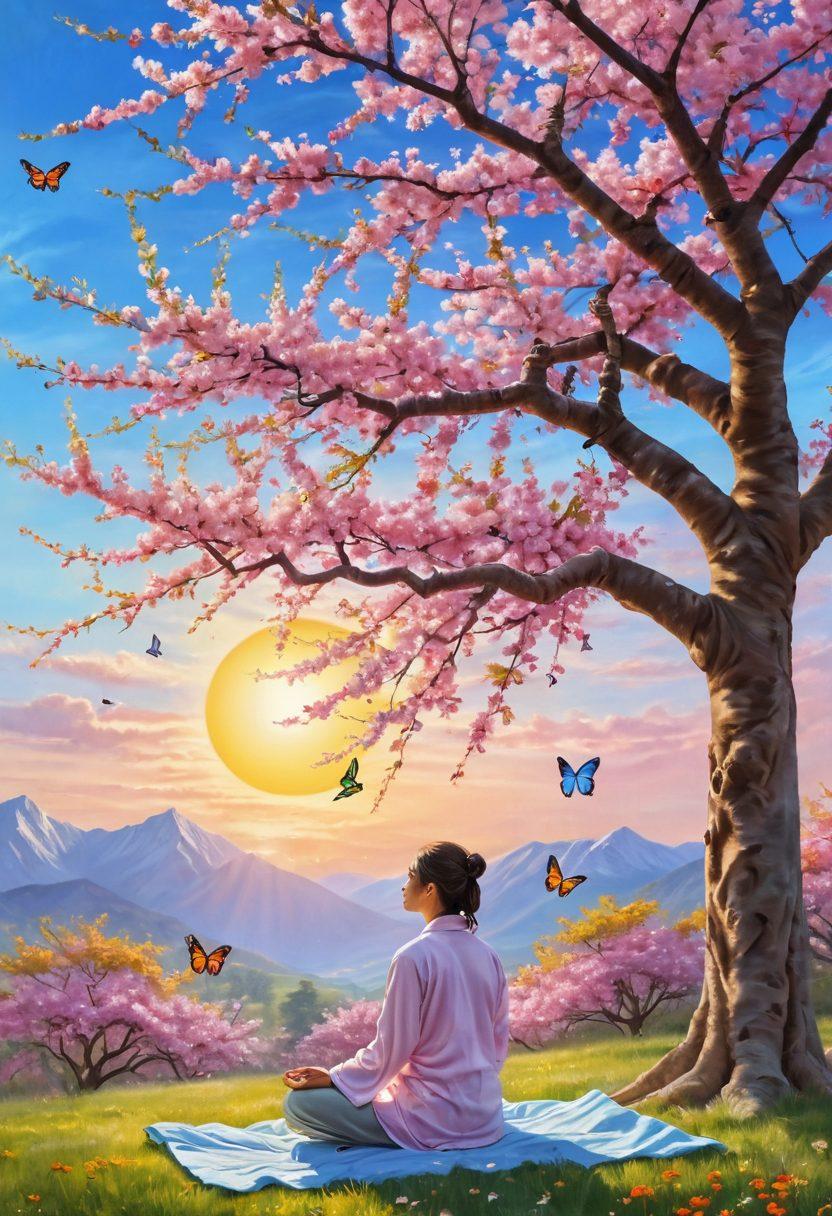A serene landscape depicting a person meditating under a blooming cherry blossom tree, radiating joy and tranquility. Surrounding them are colorful butterflies, vibrant flowers, and a bright sun illuminating the scene, symbolizing happiness and exuberance. The atmosphere is filled with warmth and positive energy. super-realistic. vibrant colors. soft pastel background.