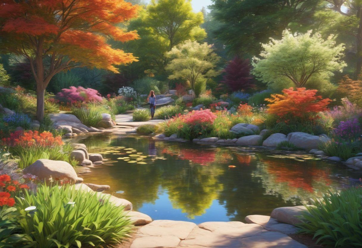 A serene garden filled with colorful blooming flowers, a bright sun shining down, and a diverse group of people practicing mindfulness and sharing joyful moments together. A gentle breeze rustles the leaves, and a peaceful pond reflects the vibrant scene. Emphasize warmth, positivity, and connection to nature. super-realistic. vibrant colors. sunny atmosphere.